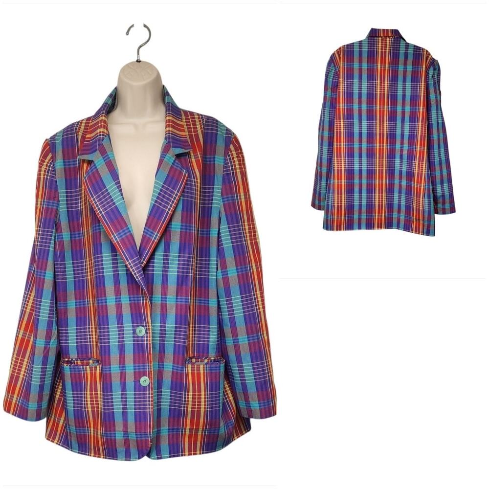 Hunt Club Women's Single Breasted Plaid Multi Purple Blazer Jacket Size 18T